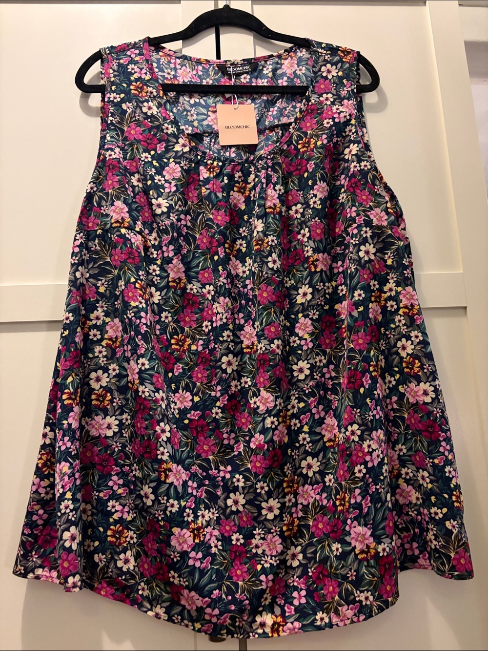 BloomChic Navy Floral sleeveless Blouse with Pink, White & Green Accents